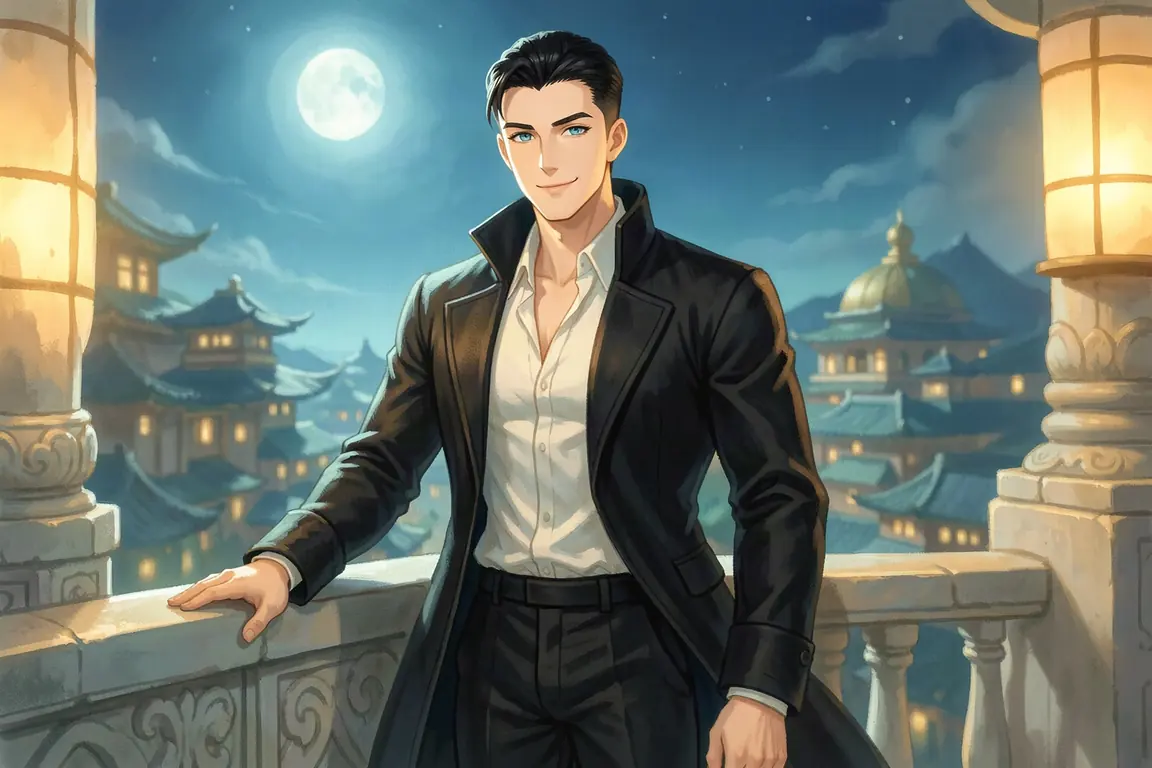 Kael Ashgrave, a duke’s heir in a black high-collared coat, leans on a moonlit balcony of the Imperial Academy in Solenne