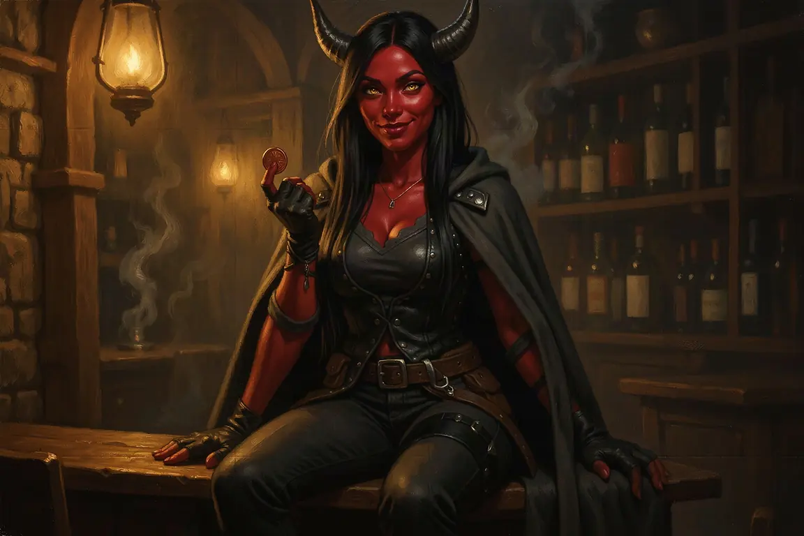 Kethra Vayne, a red-skinned tiefling rogue, grins from the edge of the bar at the Hollow Lantern tavern