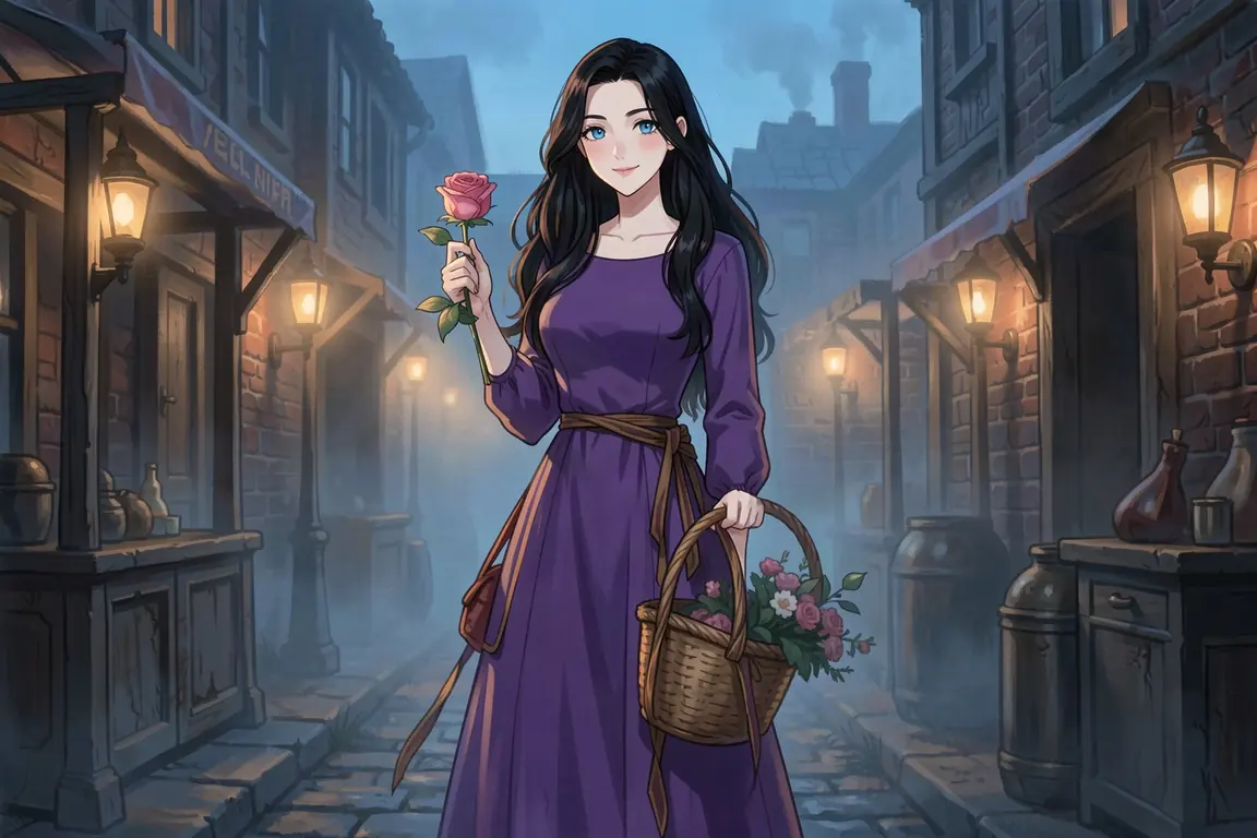 Polly Wickes, the flower seller of Bellsworth, offers a pink rose in a gaslit Victorian market yard at dusk