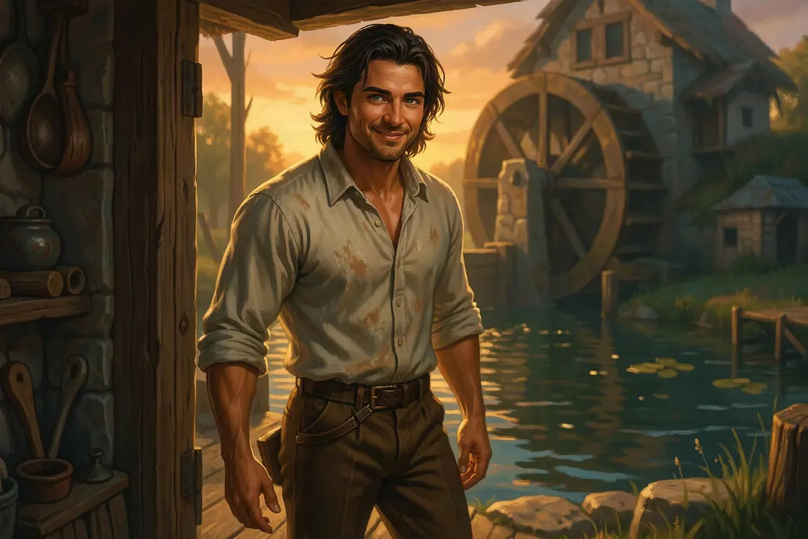 Rhys Weir, the miller of Emberhollow, leans in the doorway of the mill by the pond at sunset