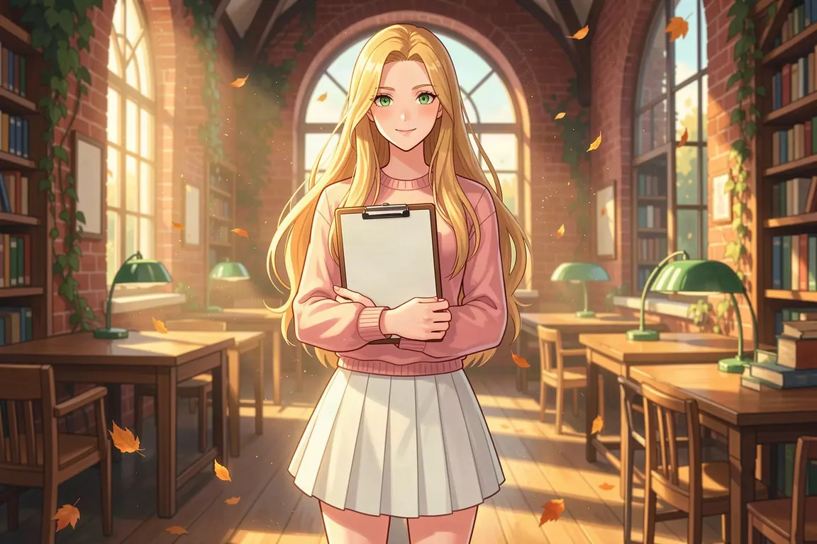 Sloane Whitaker holds a clipboard in the sunlit Hartwell college library and smiles at the camera