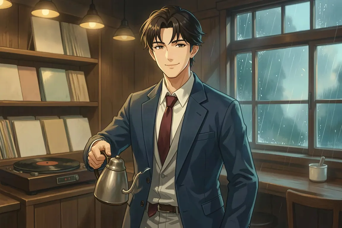 Yuto Sakai pours coffee behind the counter of a retro coffee shop below Hoshimori academy on a rainy evening