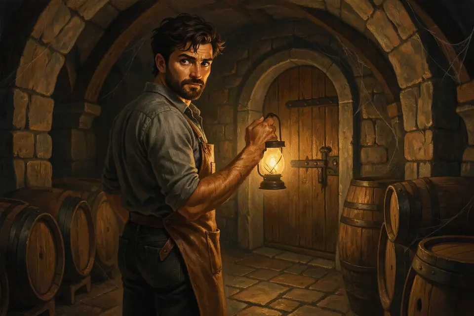 Bram Tallow holds up a lantern in the stone cellar of the Hollow Lantern, beckoning toward a locked oak door