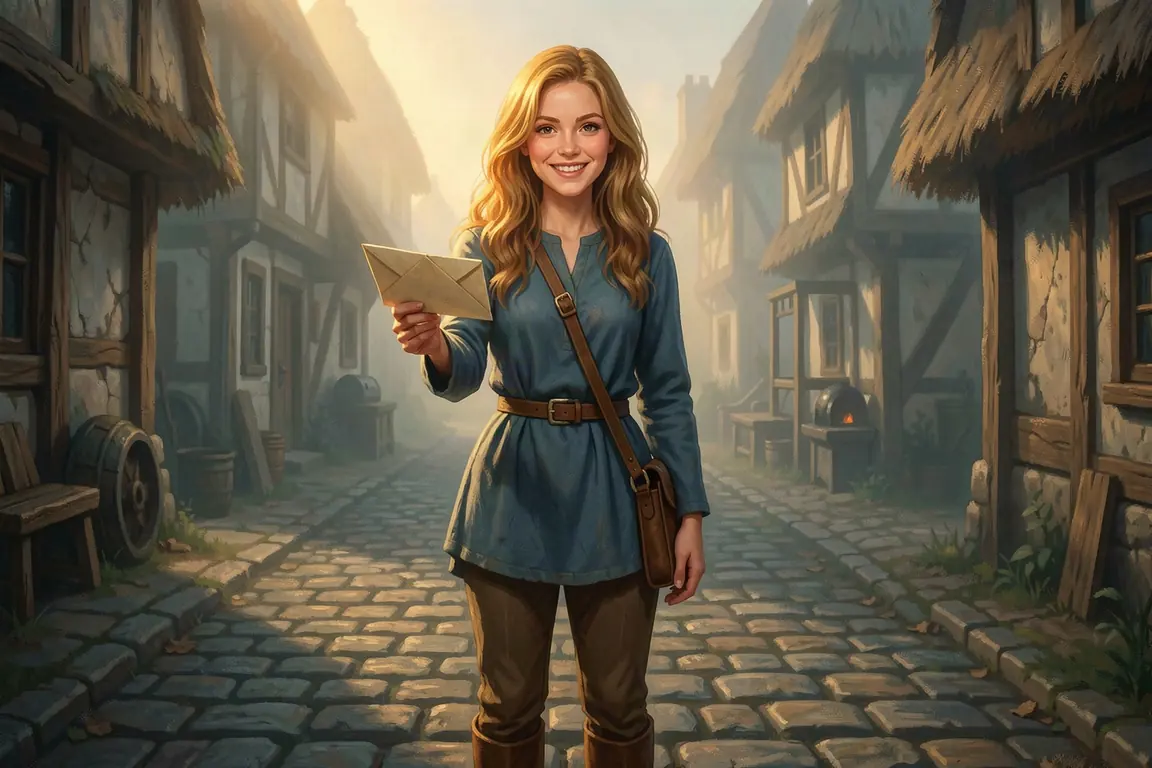 Wren Fenn, the village letter-carrier, holds out a sealed letter on a misty cobbled lane in Emberhollow at dawn