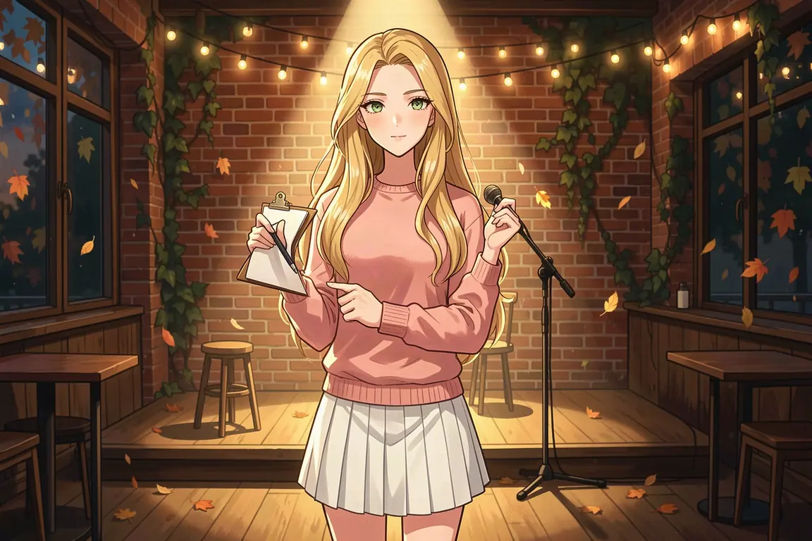 Sloane Whitaker holds a clipboard by the open-mic stage of a Hartwell coffee house at night