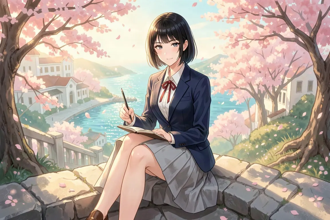 Chiaki Masuda of the art club looks up from her sketchbook on the cherry-blossom walkway of Hoshimori academy