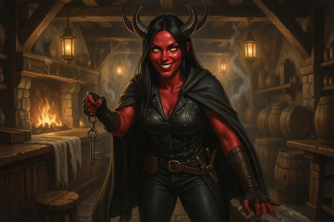 Kethra Vayne, a red-skinned tiefling rogue, dangles an old iron key at the bar of the Hollow Lantern tavern