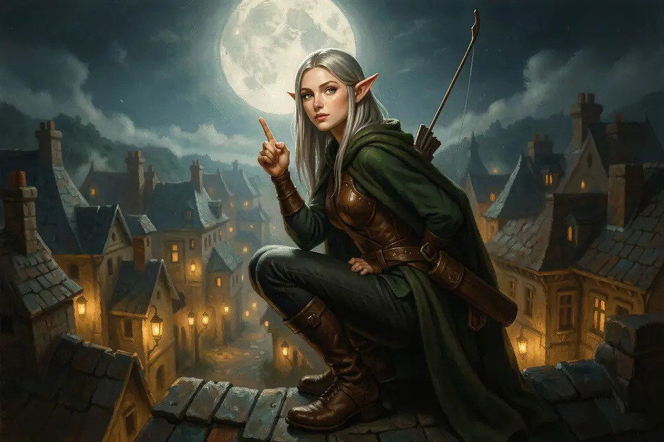 Sylvaine Ashgrove, an elf ranger with a longbow, crouches on a moonlit rooftop and signals for silence