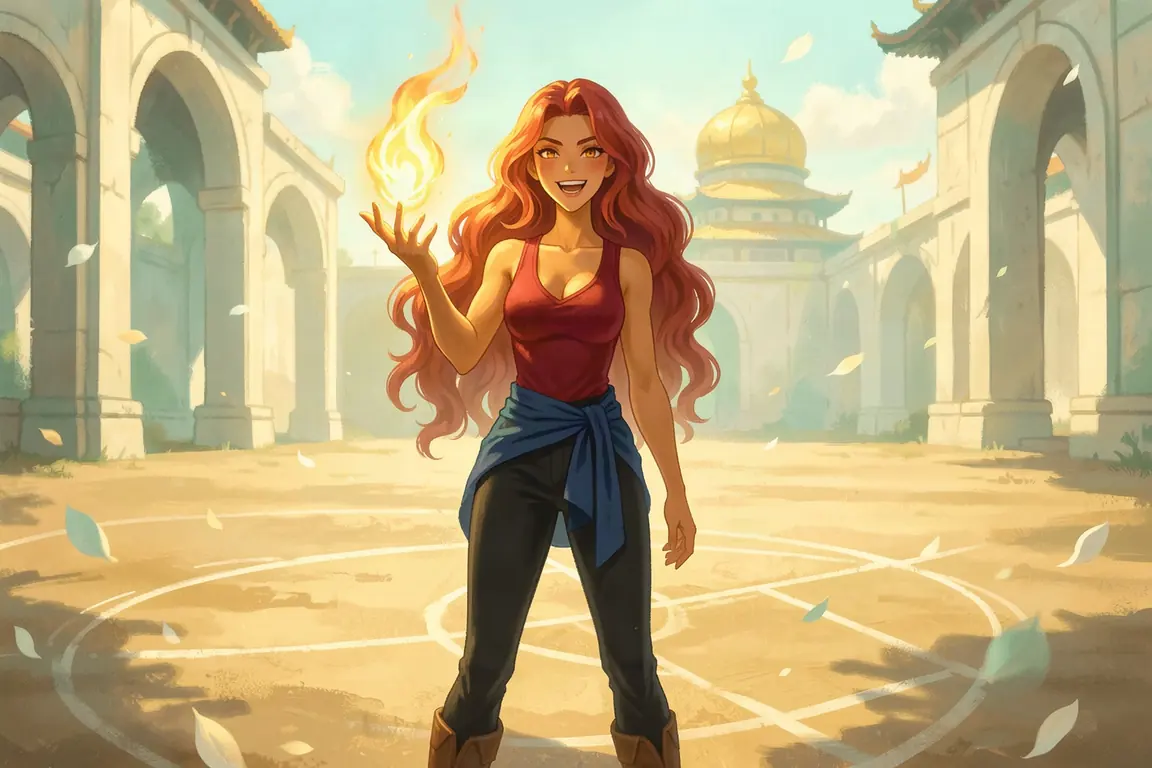 Ines Calder, a fire mage, holds a flame above her palm inside a dueling circle at the Imperial Academy of Solenne