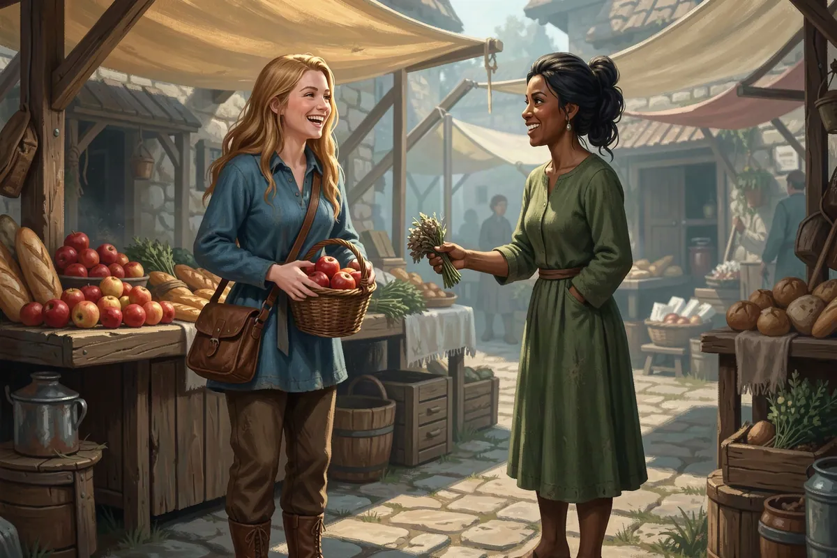 A village woman holding a basket of apples at a market at noon, Mythx scene art