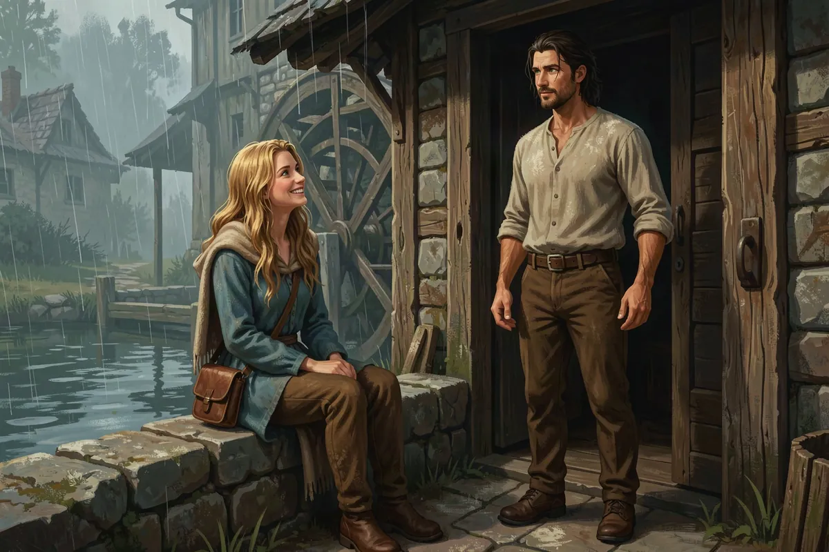 Mythx scene art: the same character sitting by the mill pond on a rainy afternoon as the miller looks on