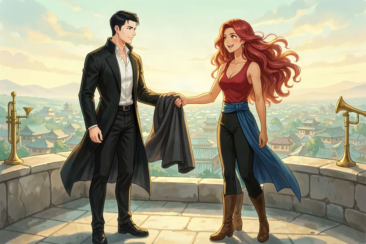 On top of the Solenne academy's observatory tower at dusk, Kael Ashgrave holds out his folded dark cloak to Ines Calder, who turns from the parapet with an amused half-smile