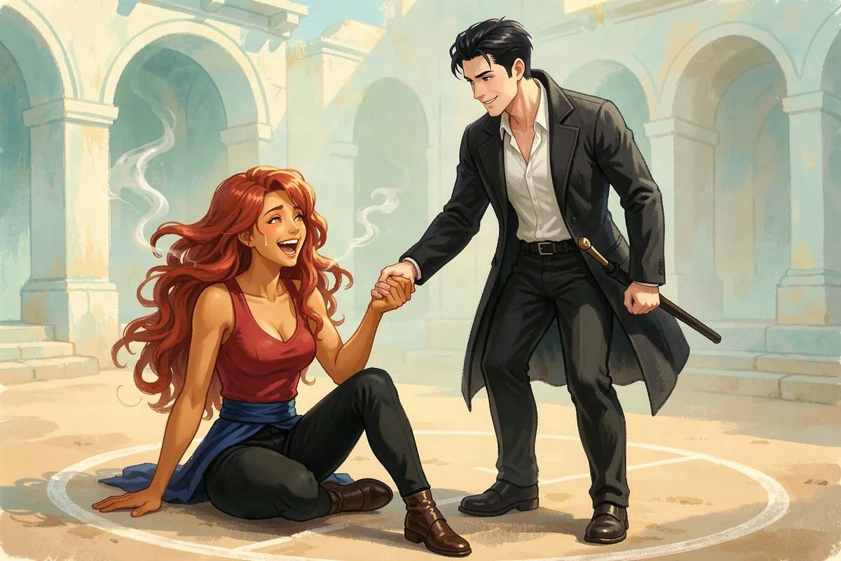 Ines Calder sits laughing at the edge of a chalked dueling circle in the Solenne training yard while Kael Ashgrave offers his hand to help her up