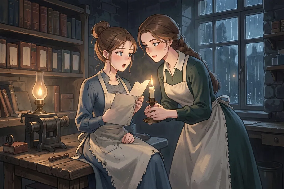 Edith the bookbinder holds up a folded letter she has just found inside a torn book spine while Hattie Marlow leans in with a lit candle, in a Bellsworth workshop at night