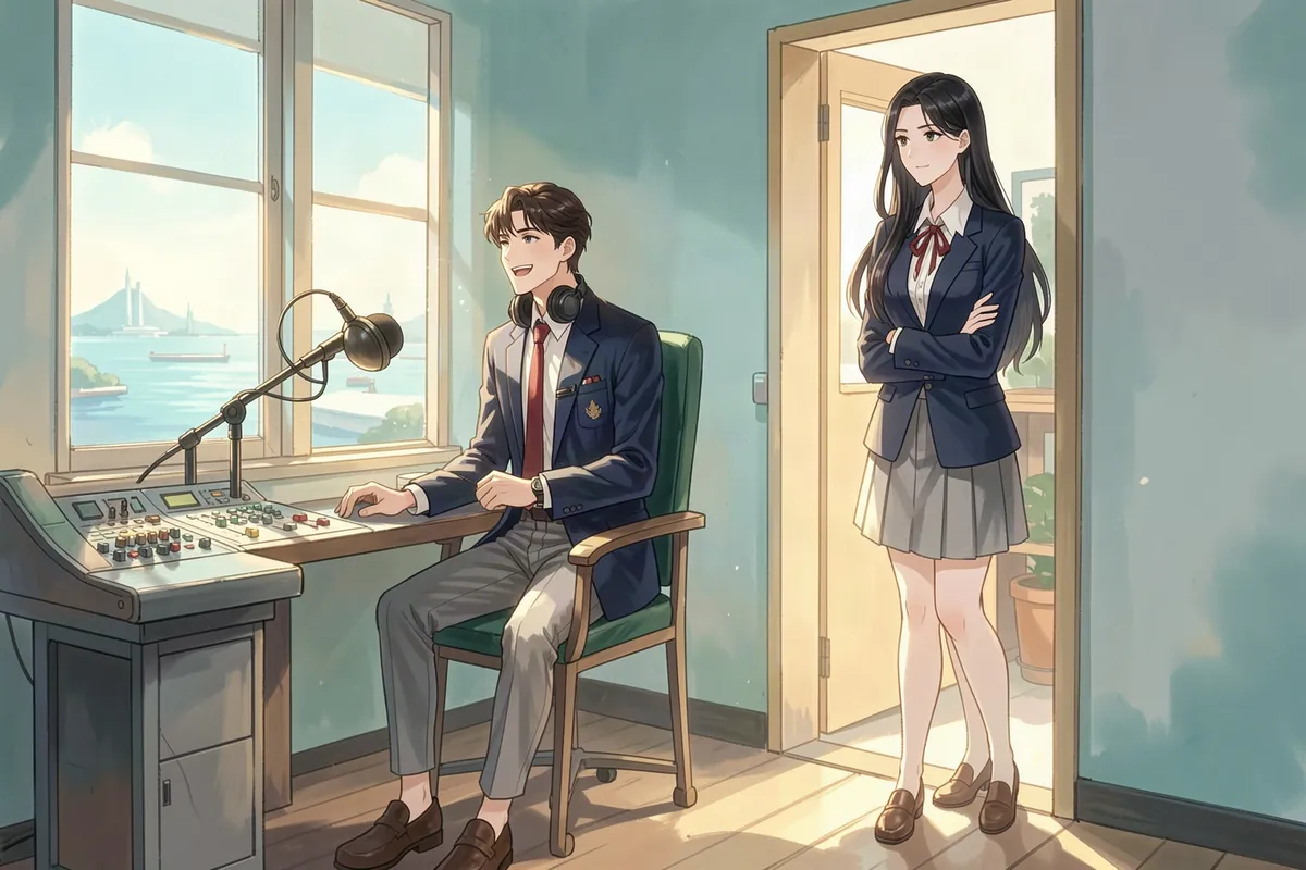 Kota Nishioka turns from the microphone in the Hoshimori broadcast booth with an eager grin while Reika Ogasawara leans in the doorway with her arms folded