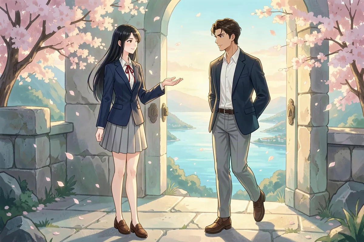 At the Hoshimori academy gate under cherry blossoms, Reika Ogasawara holds out her hand while Kota Nishioka hides something behind his back with a guilty half-grin
