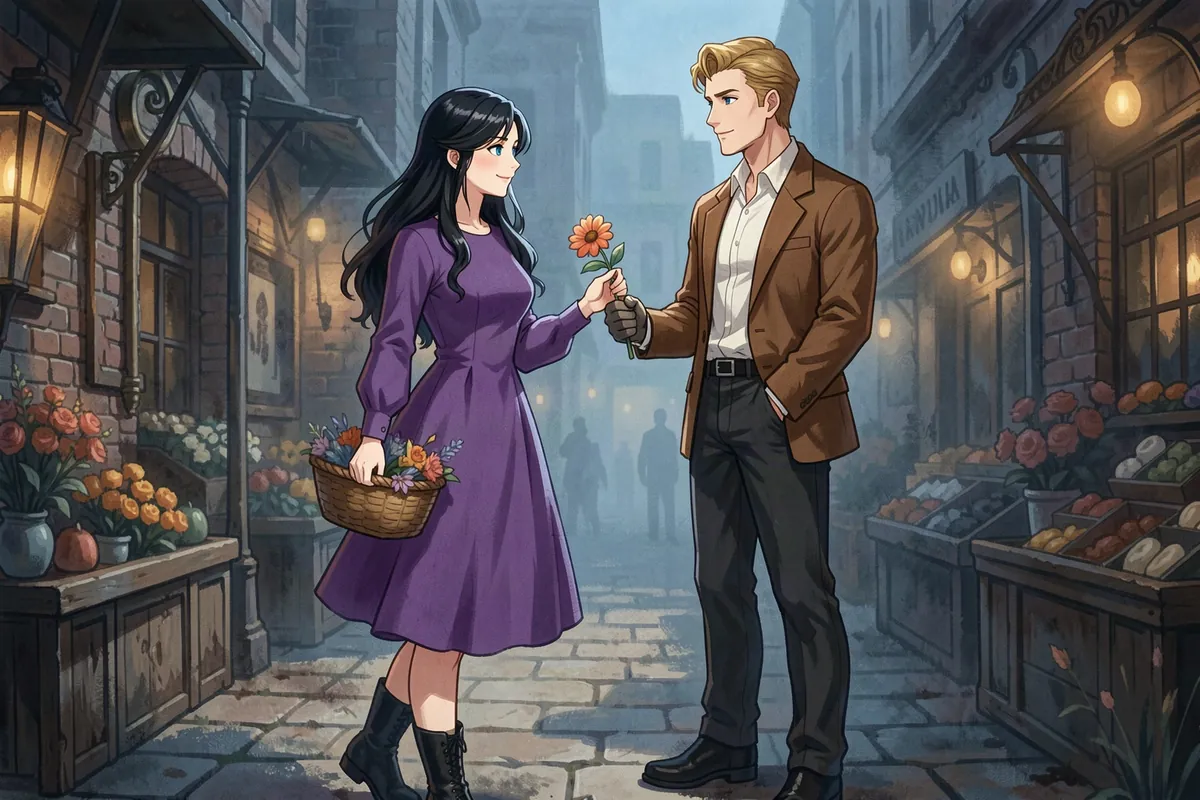 Polly, a flower seller in a violet dress, hands a flower to Tom the lamplighter in a gaslit market yard