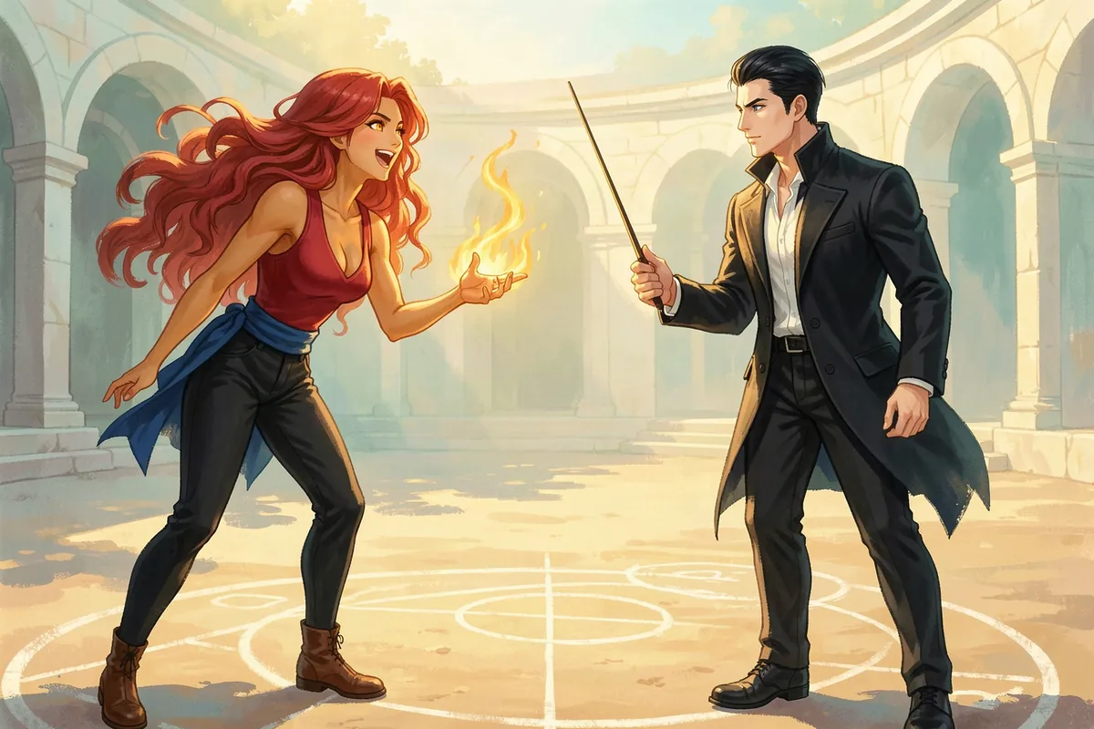 Ines Calder grins over a flame in her palm while Kael Ashgrave raises a practice wand across the chalk circle in Solenne's training yard at sunrise