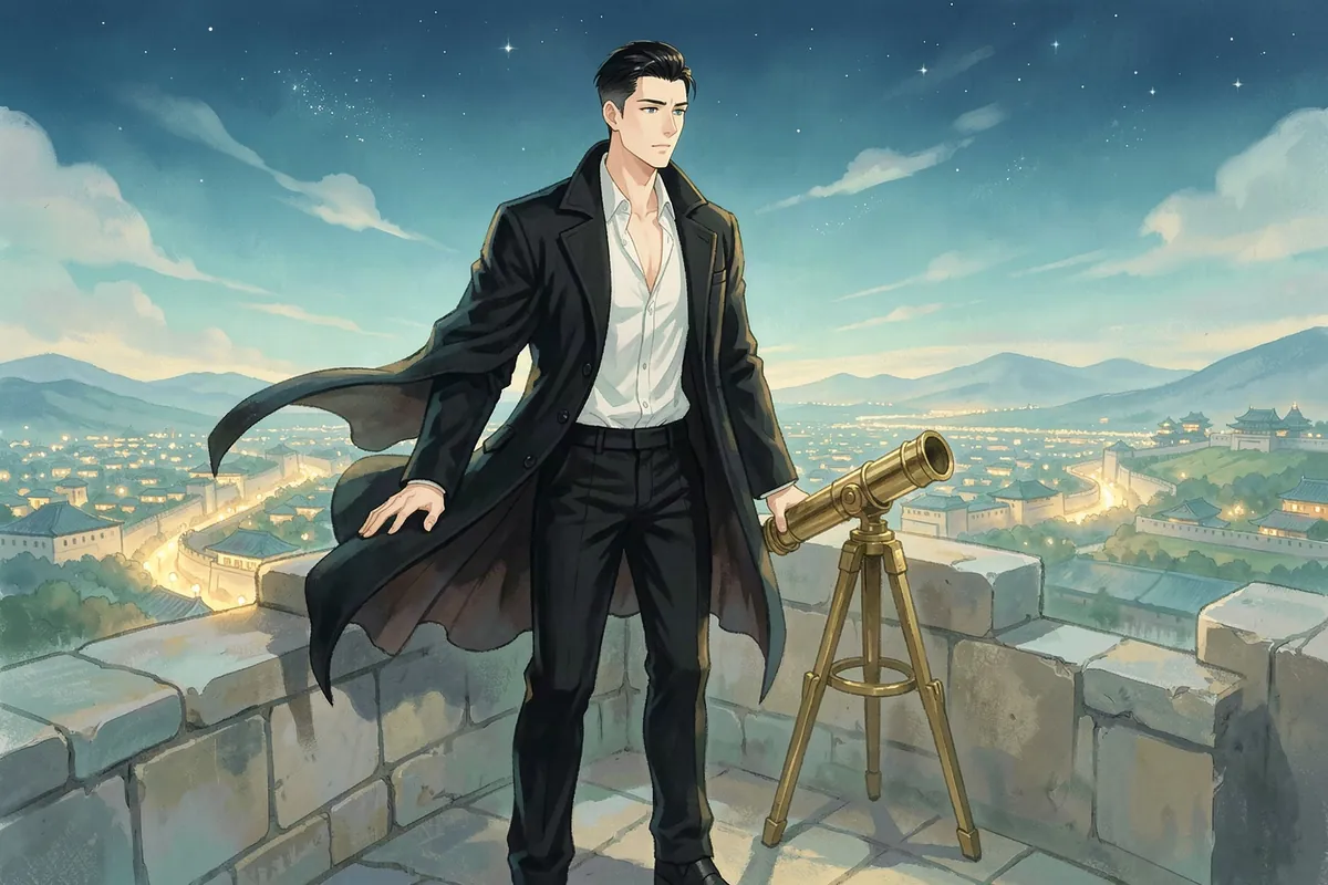Kael Ashgrave stands alone at the parapet of Solenne's observatory tower at night, the lights of the walled capital spread out below him