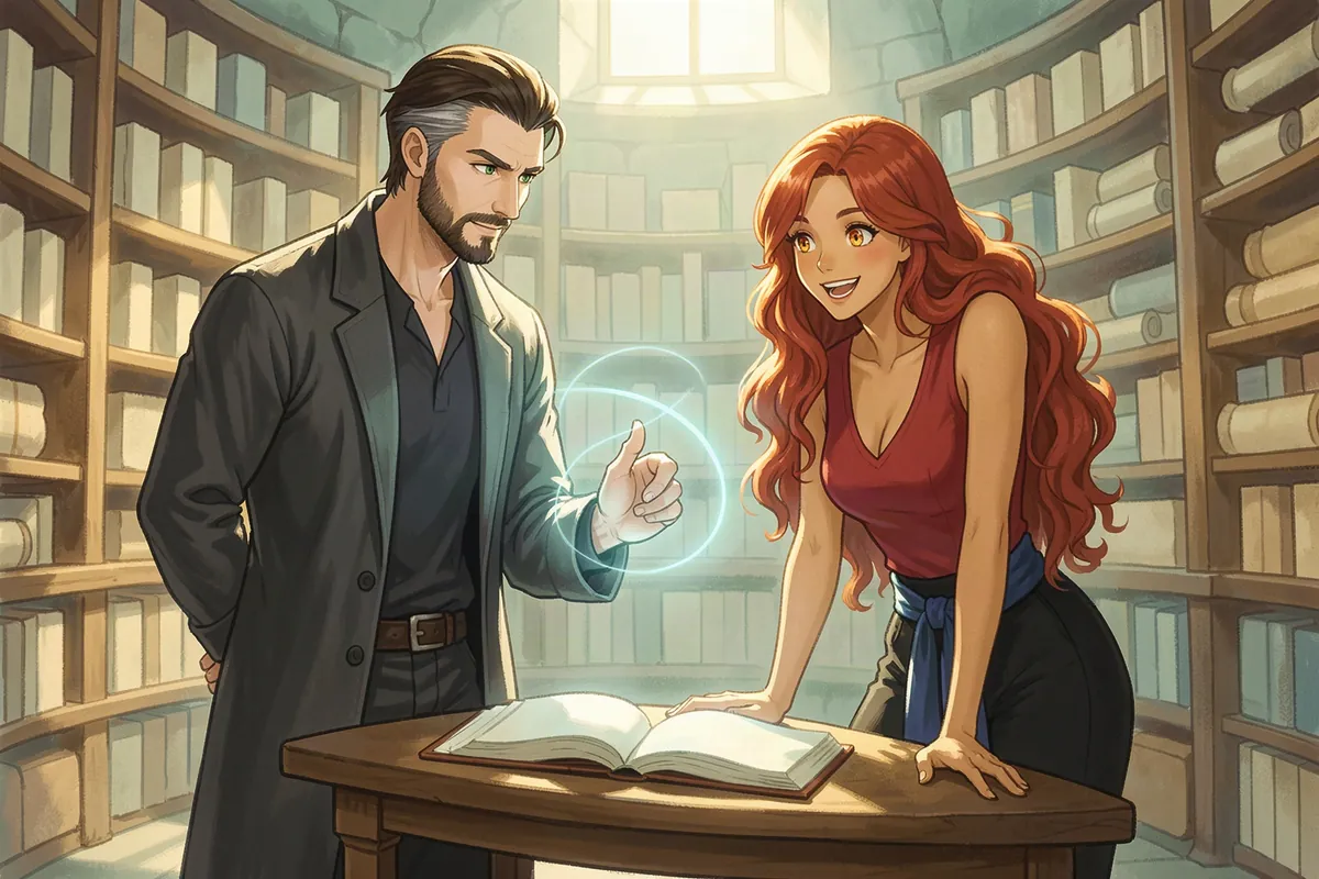 Professor Corvin Thale traces a glowing blue circle in the air above an open book while Ines Calder leans on the table to watch, in Solenne's round archive tower