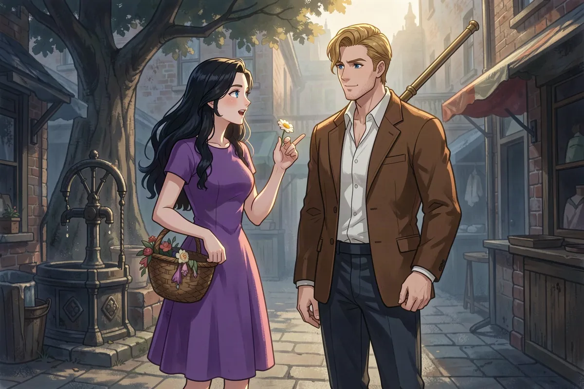Polly Wickes talks with a daisy in her hand while Tom Frost, a long brass lamplighter's pole on his shoulder, listens with a quiet half-smile in Bellsworth Yard