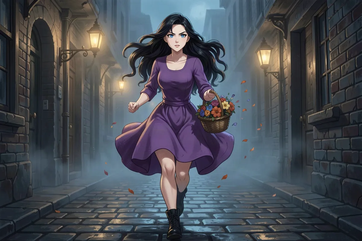 Polly Wickes runs through a foggy cobbled alley at night, her skirt in one fist and her flower basket in the other, petals flying, chasing someone out of frame