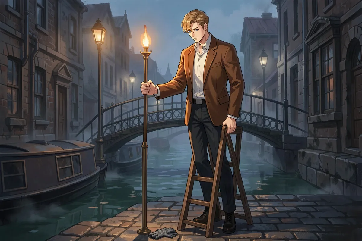 Tom Frost stands beside a lamp he has just lit at a foggy canal basin at dusk, looking down at a single glove lying on the wet cobbles