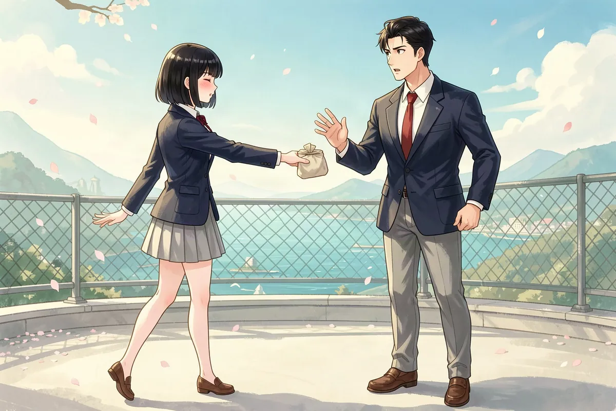 A blushing student holds out a wrapped lunch box with her eyes shut while a startled classmate reaches for it, on the Hoshimori academy rooftop