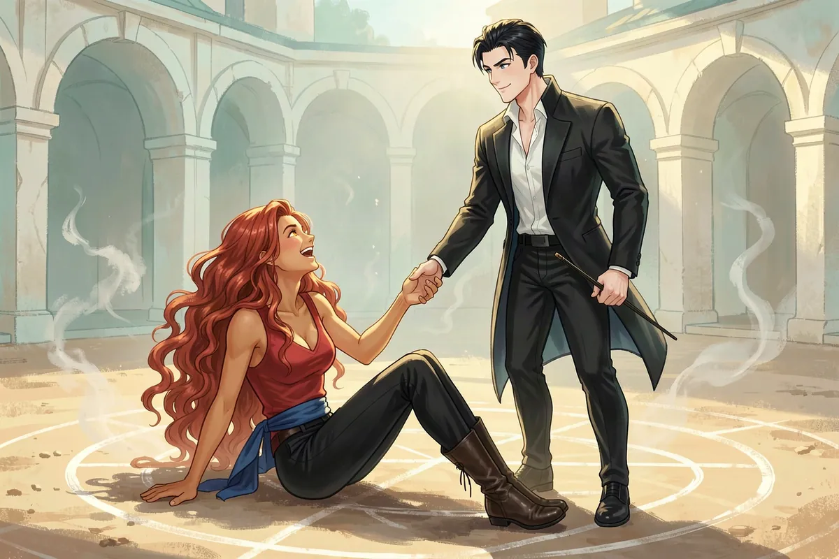 A calm duelist holds out his hand to help a laughing opponent up from the dueling circle in Solenne's academy training yard