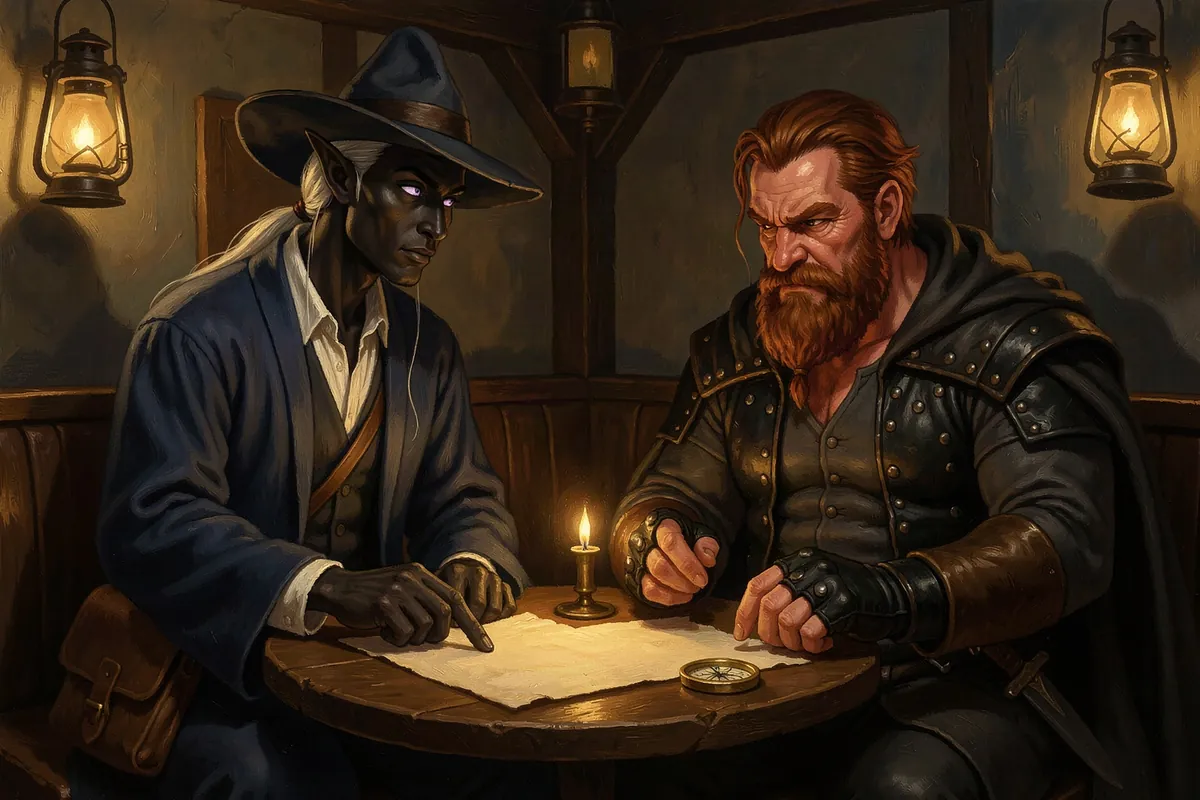 Ilvarin Sael, a drow wizard, taps a blank parchment by candlelight while Torvald Emberhand, a dwarf, frowns across the table in a Hollow Lantern booth