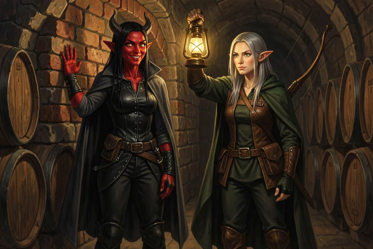 Kethra, a tiefling rogue, presses her palm to a bricked-up arch at the end of a tavern cellar while Sylvaine, an elf ranger, holds a brass lantern high