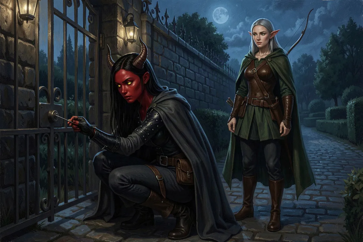 Kethra crouches to pick the lock of a wrought-iron gate at night while Sylvaine keeps watch with her longbow