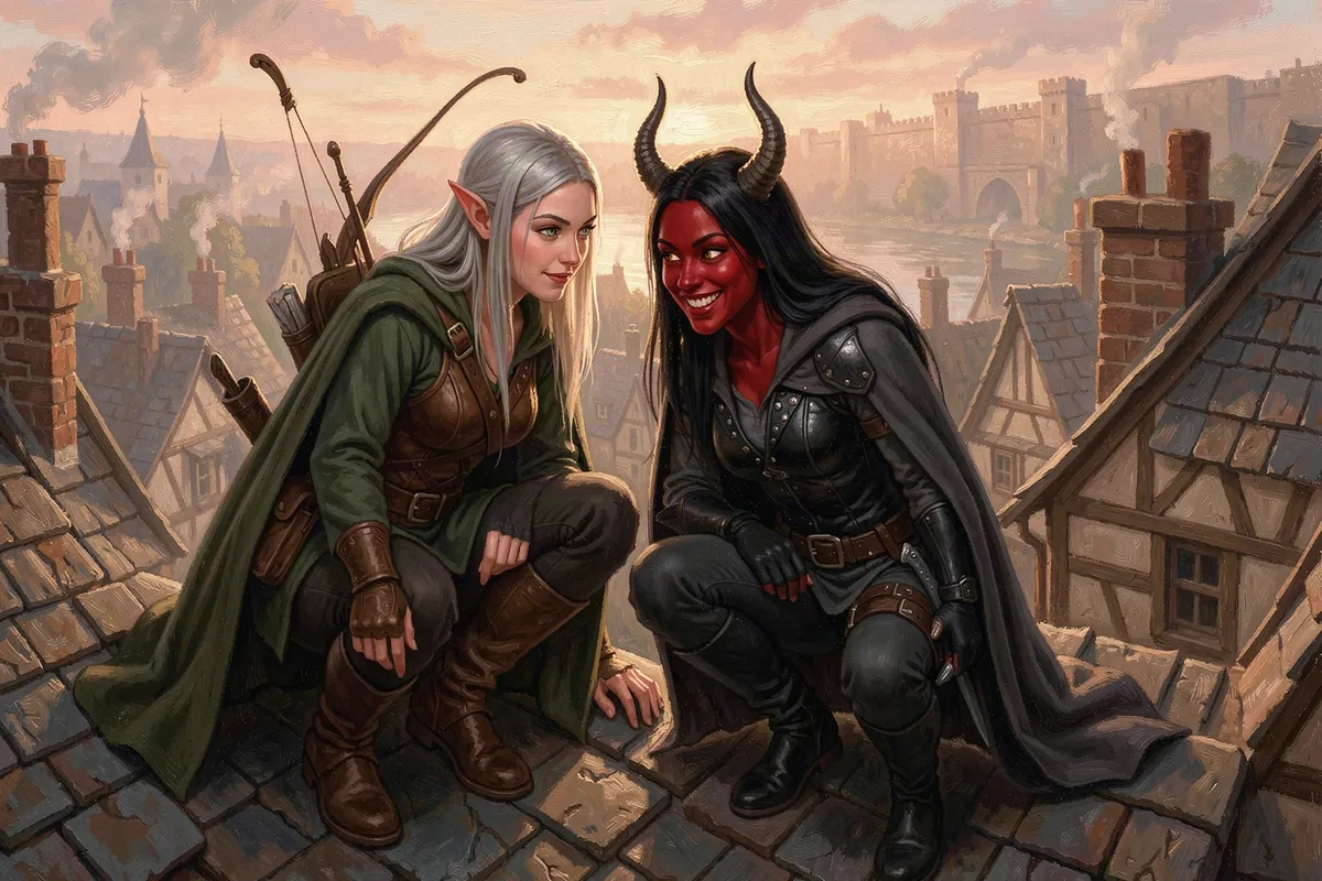 Sylvaine and Kethra crouch side by side on a slate rooftop at dawn, the walled city and its river behind them