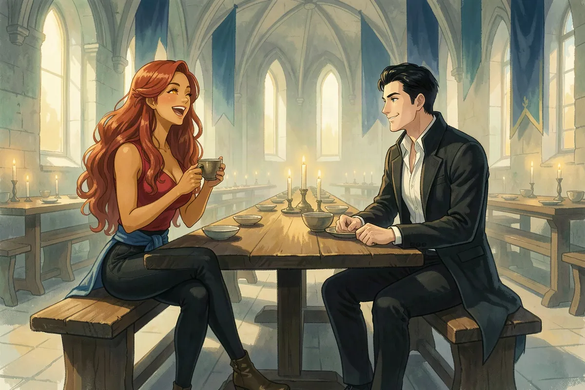 Ines laughs with a raised cup across the long table from Kael in Solenne's Great Hall