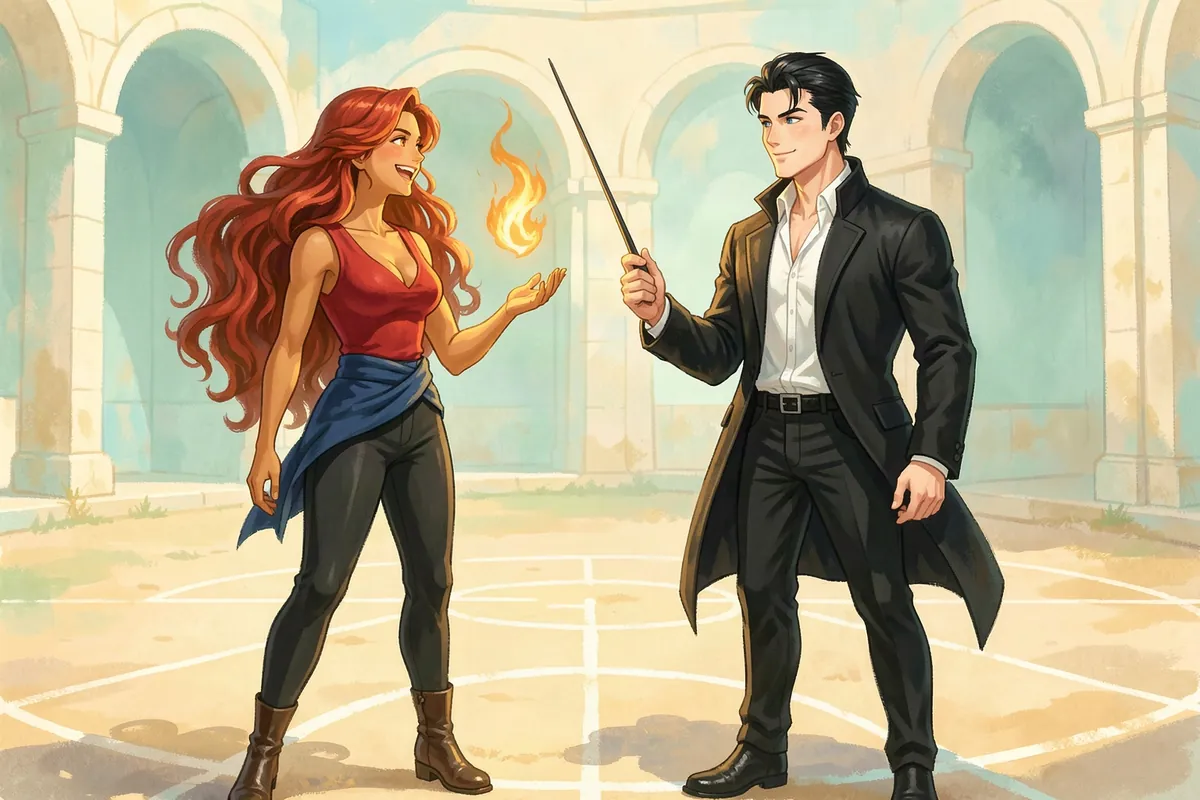 Ines holds a small flame above her palm across a dueling circle from Kael in Solenne's training yard