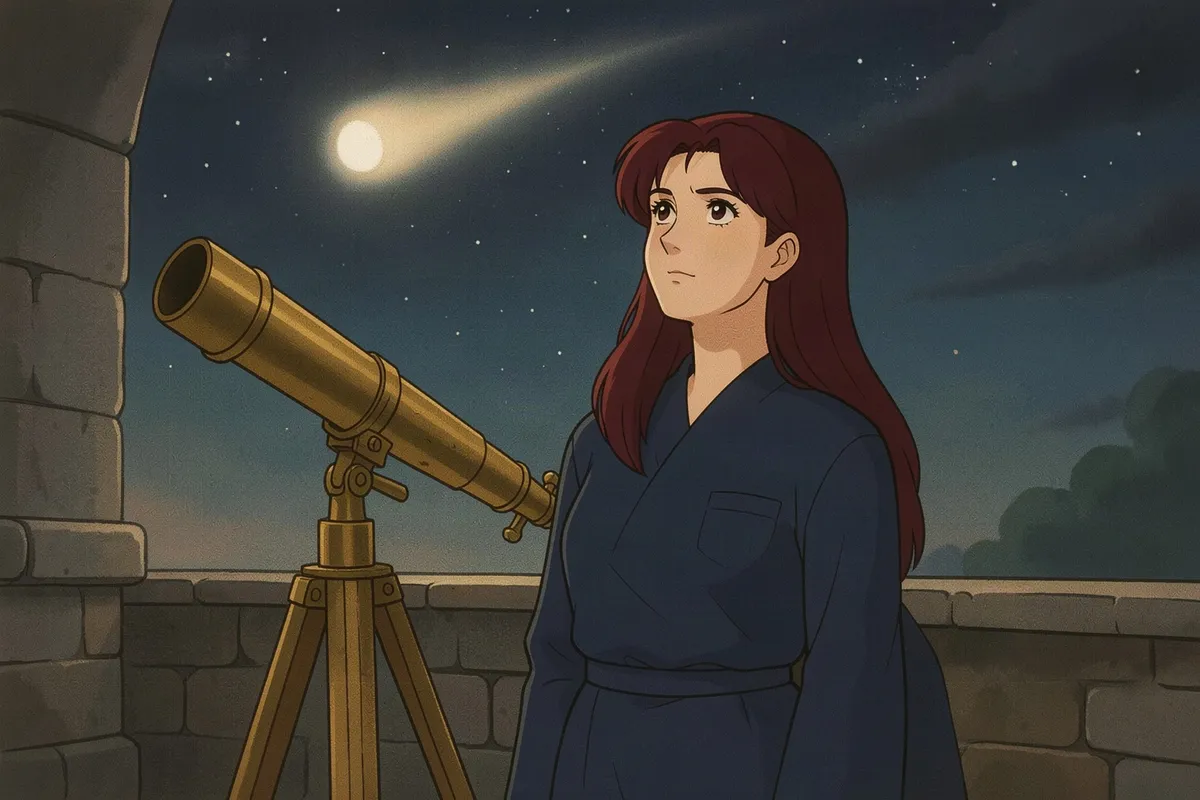 Alastrine, a comet-caller beside a brass telescope on an observatory balcony at night