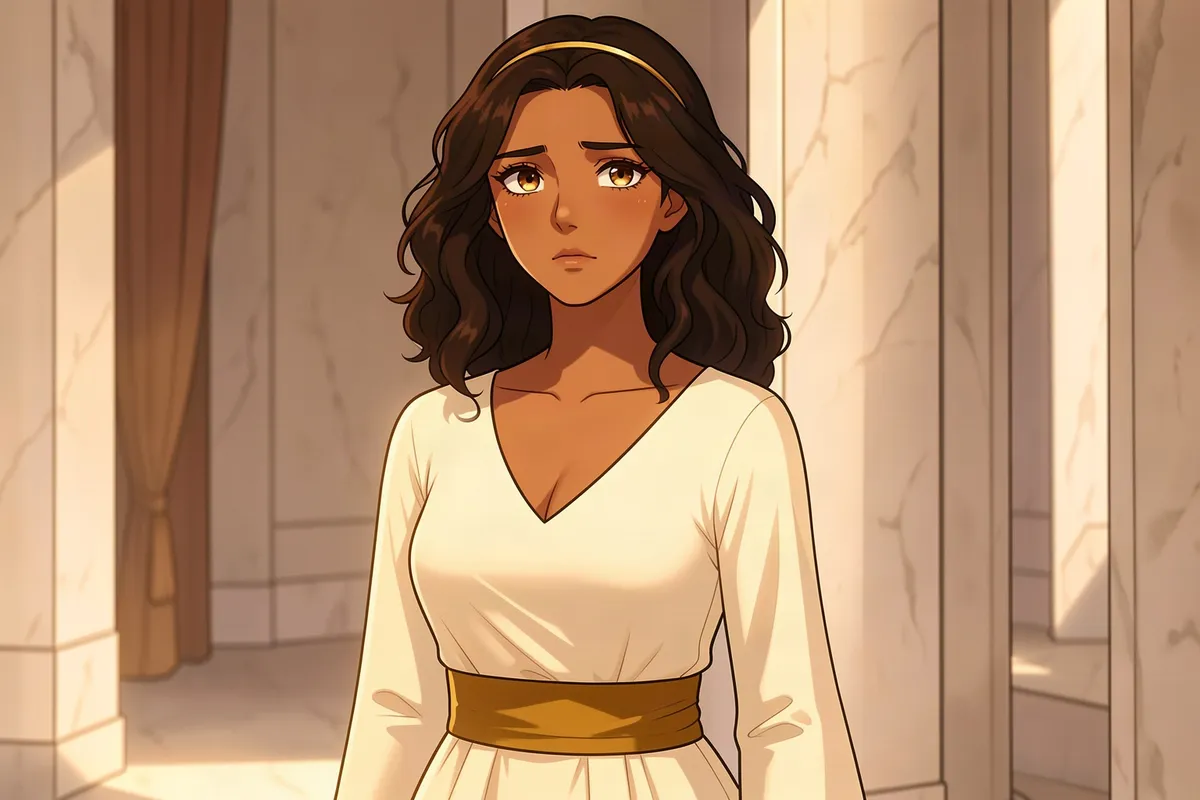Aurelienne, a young heir in an ivory gown and thin gold circlet, in a sunlit marble hall