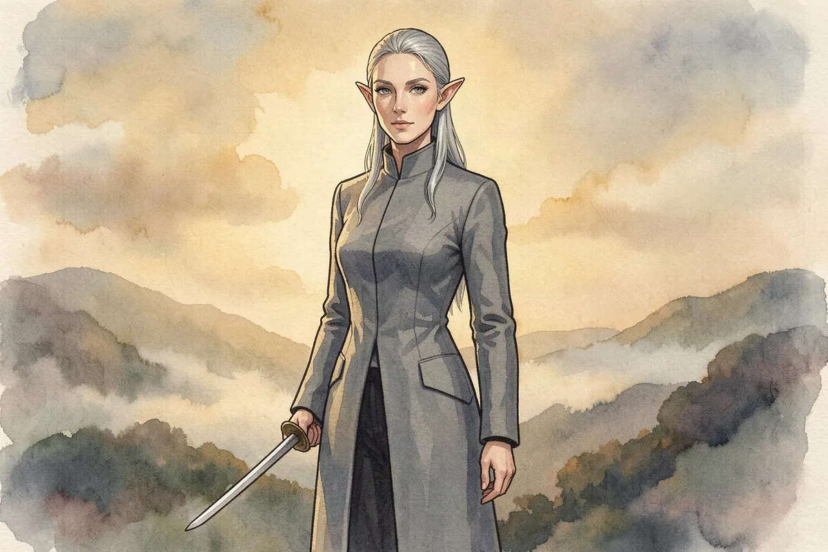 Faelendra, an elven duelist on a misty hilltop at dawn, in watercolor