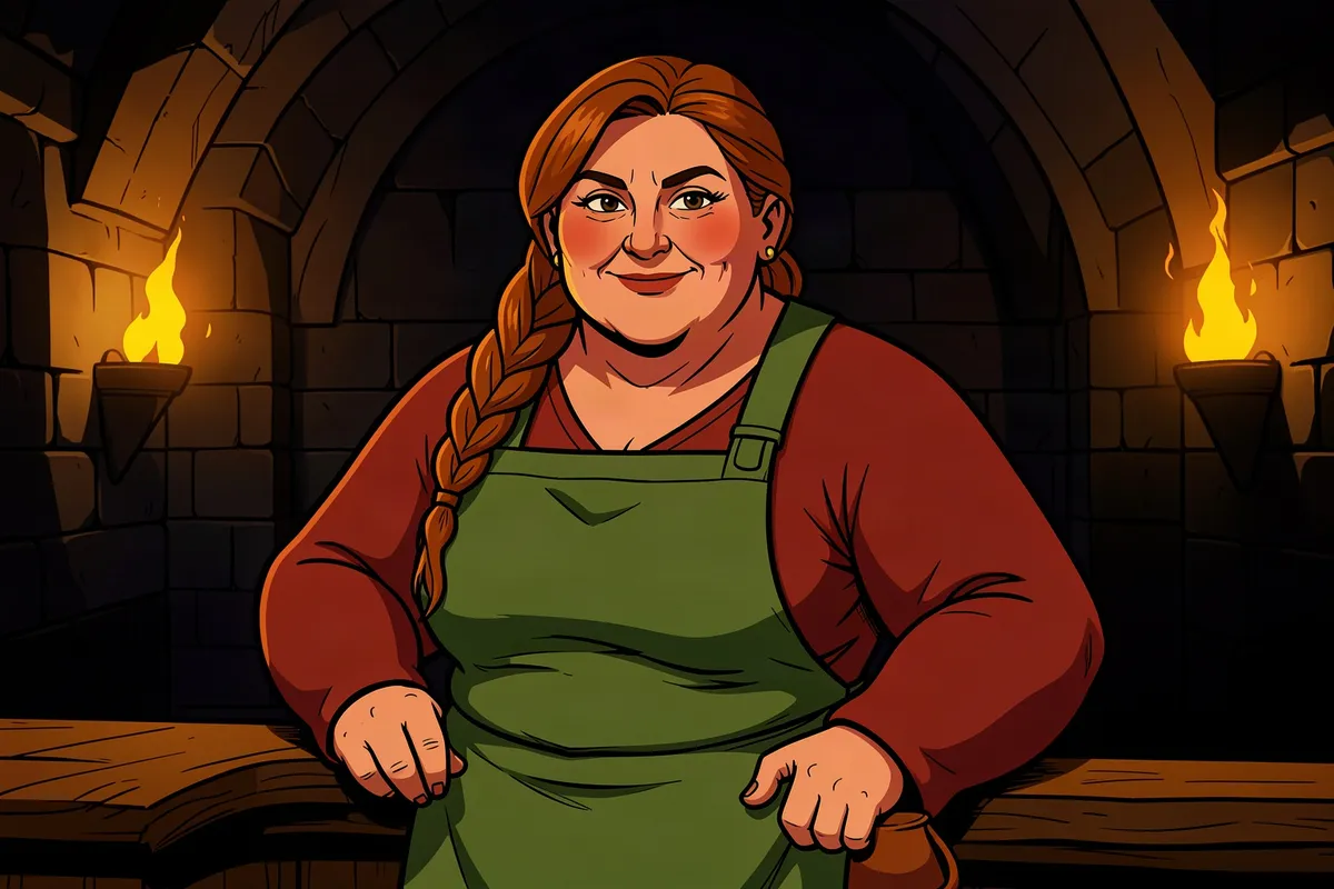 Maghild, a dwarven brewmistress, leaning on the bar of a torchlit stone mead hall