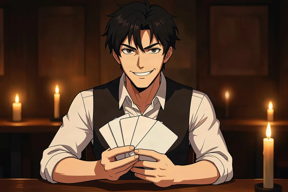 Rooke, a grinning card cheat fanning a hand of cards at a candlelit table