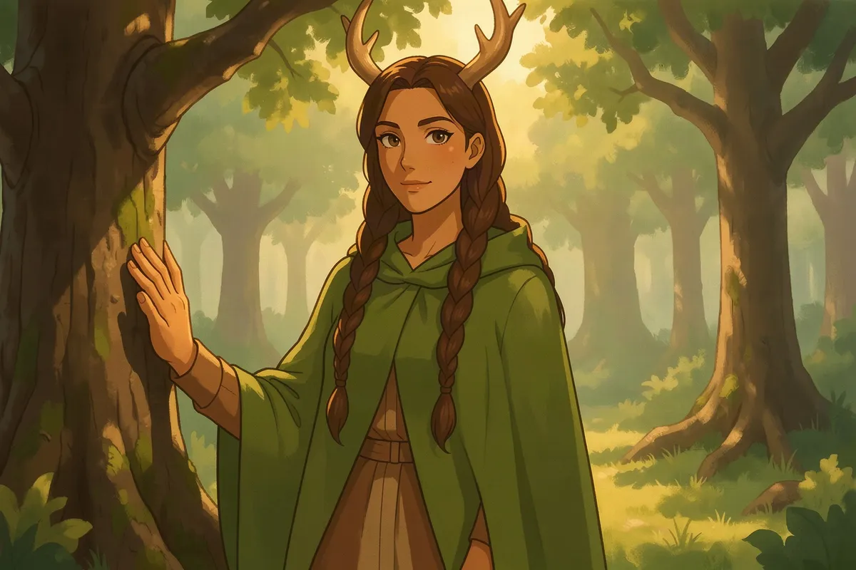 Rowanna, a grove-warden with an antler crown, her hand on an ancient oak