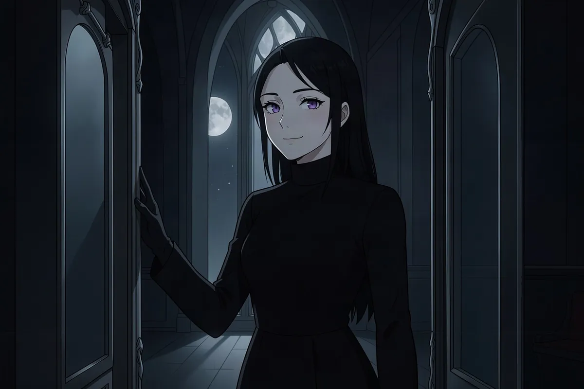 Vexara, a mirror-witch in a black gown, in a moonlit gallery of tall mirrors