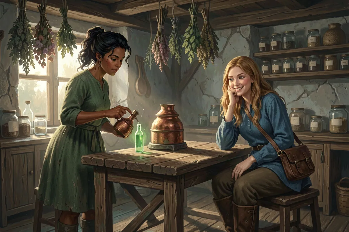 Tamsin Vole, the herbalist, pours a glowing green draught into a glass vial while Wren Fenn watches across the table in her Emberhollow still-room