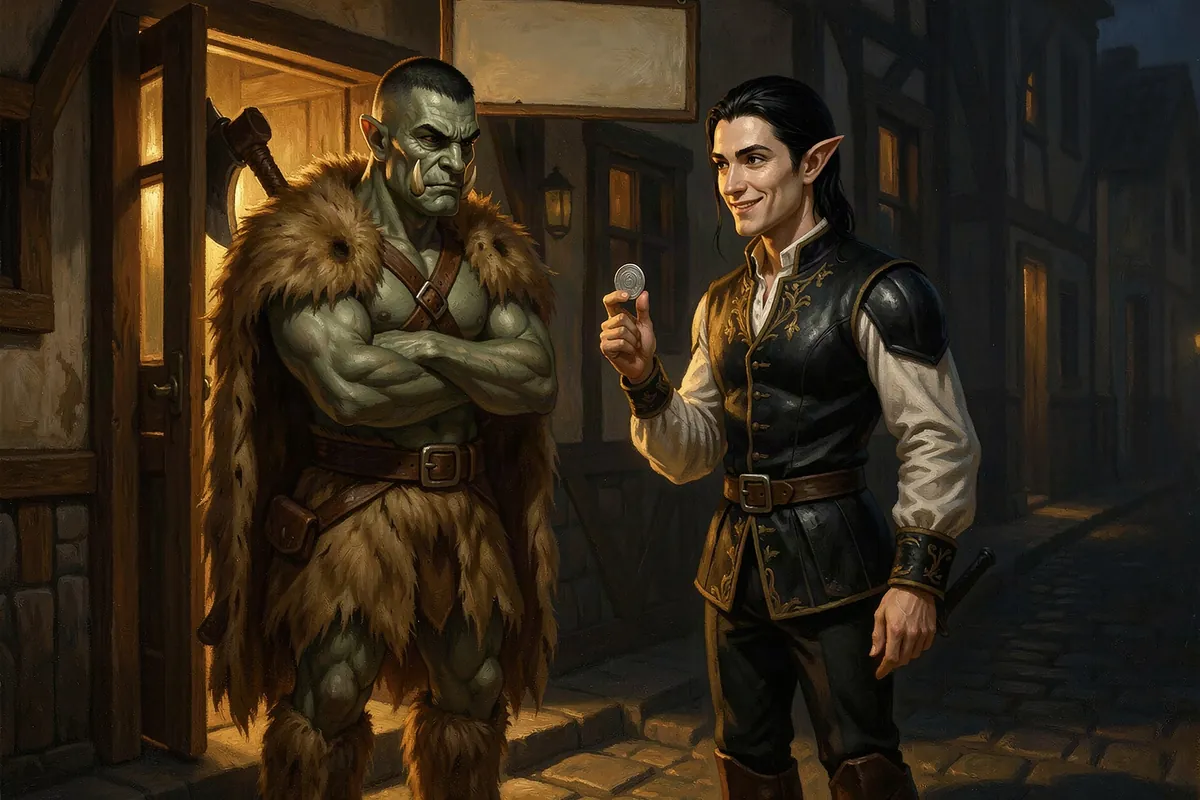 Dravik Thorne, the half-orc doorman, stands with his arms folded at the Hollow Lantern's door at night while Evander Sallow, an elf rogue, holds up a silver coin