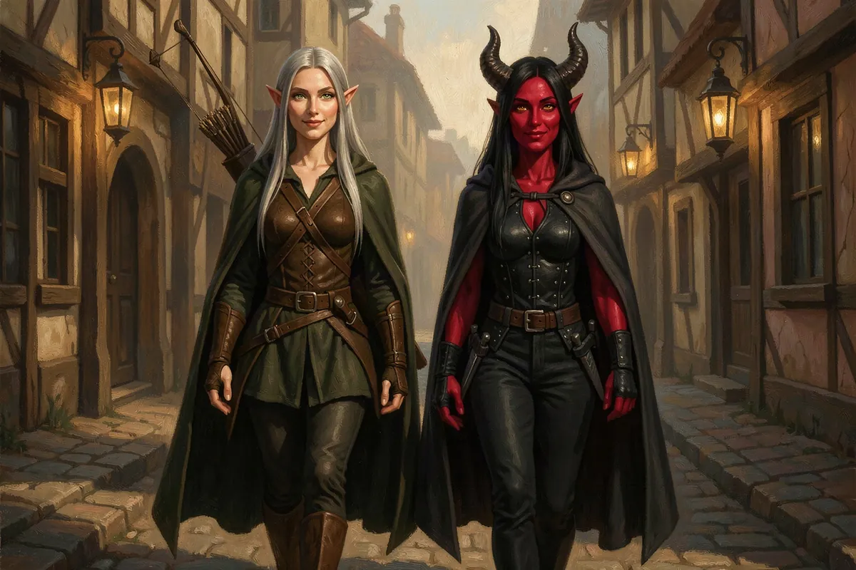 Sylvaine and Kethra walk side by side down a cobbled Coppergate street in the morning