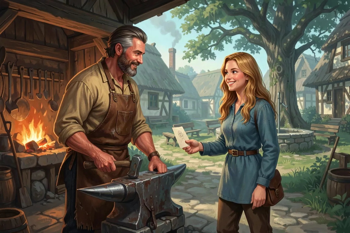 Wren hands a sealed letter to Bram the blacksmith at Emberhollow's forge