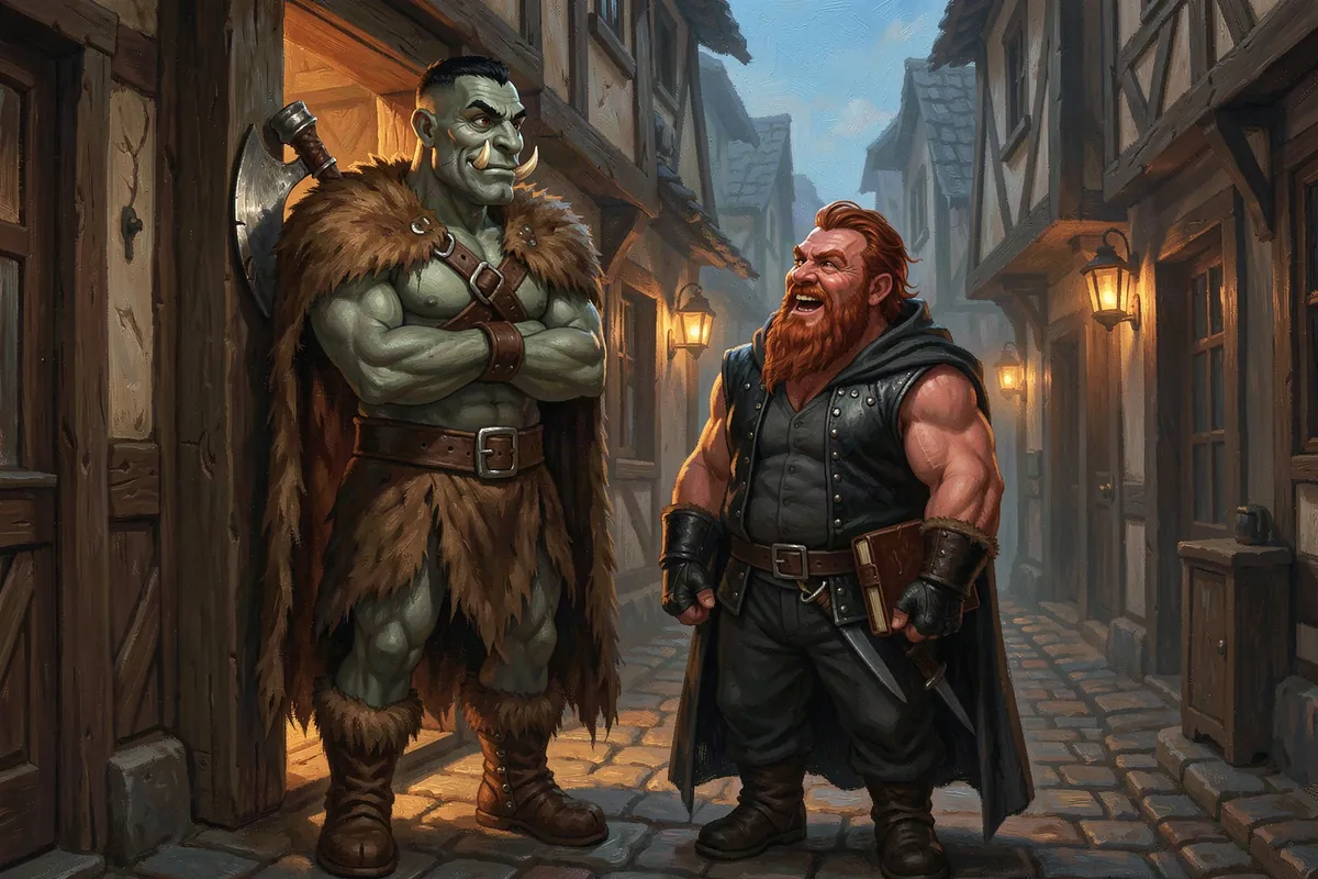 Dravik Thorne, a half-orc doorman in a bear pelt, leans in a tavern doorway while Torvald Emberhand, a dwarf bookkeeper with a ledger, laughs up at him