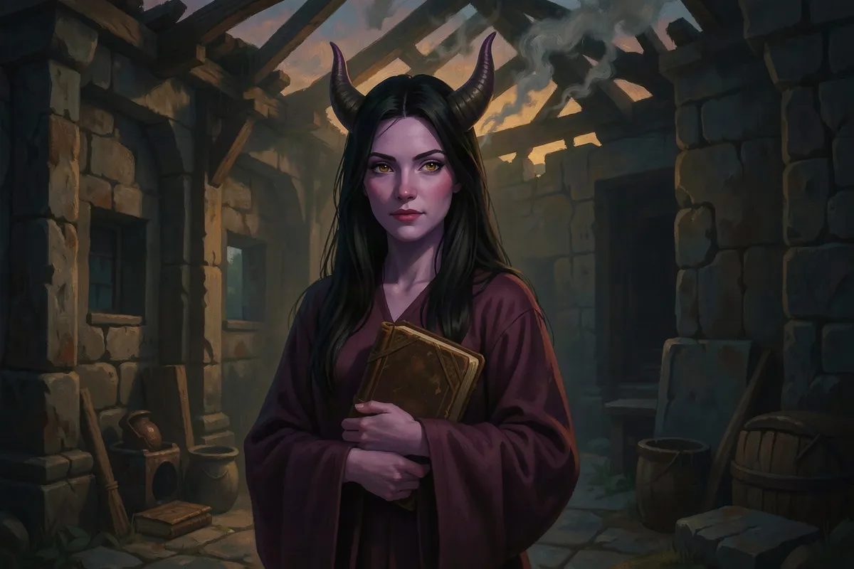 Mercy, a tiefling warlock holding an old book in the ruins of a burned temple