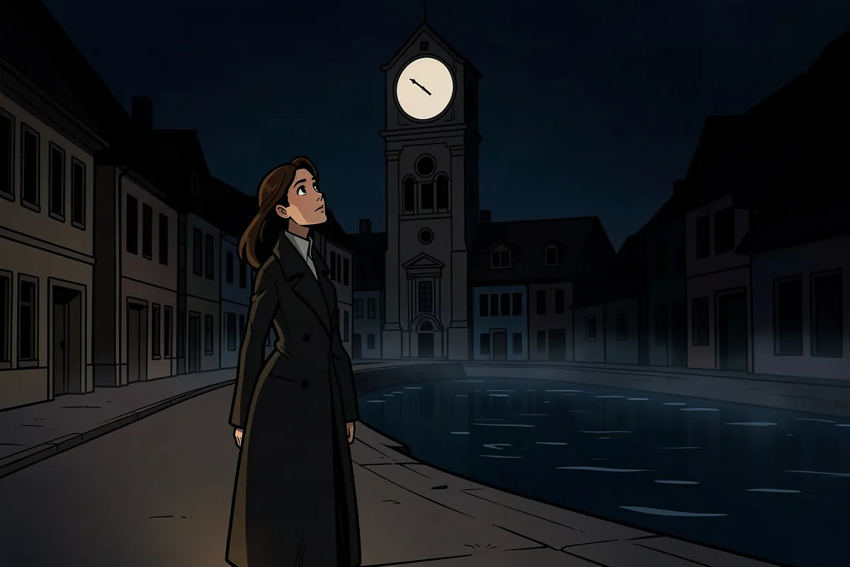A sheriff on a dark river-town street looks up at a blank clock tower