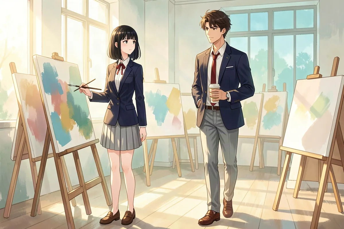 Chiaki paints at an easel as Yuto walks into the art club with a coffee